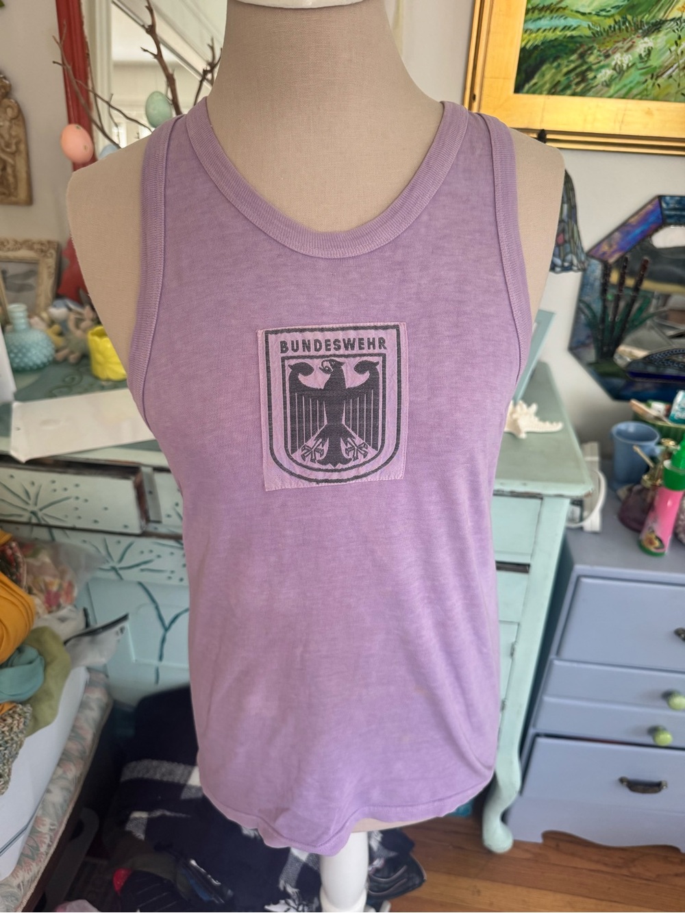 Rare Vintage Bundeswehr Lavender Graphic Tank Top 1980s M Cotton Hand Dyed VGUC